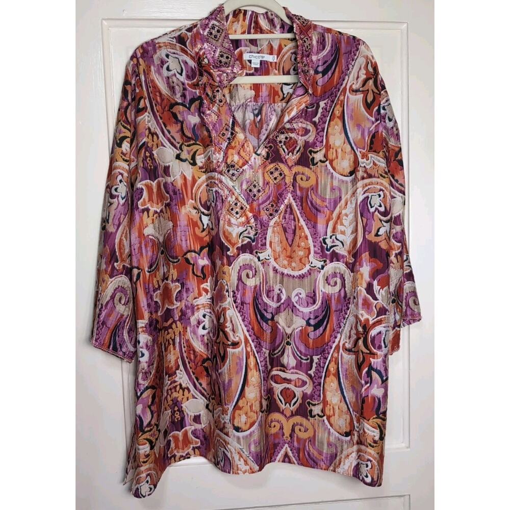 Chico's 40th Anniversary Beaded Boho Chic Paisley Tunic Women's 3.5(18)(1129)